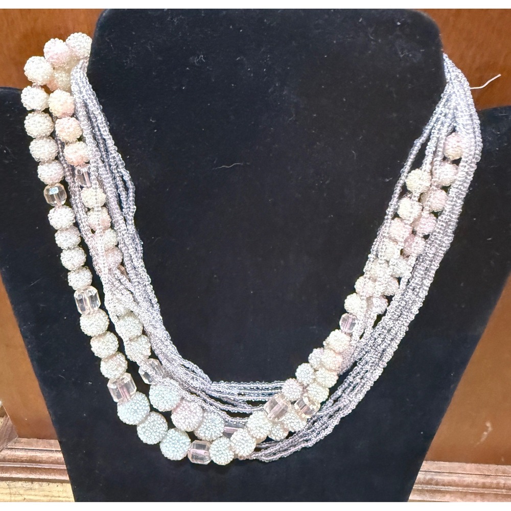 Vintage Japan Multi Strand Pink Cream Sugar Bead Bib Necklace 16 Inch